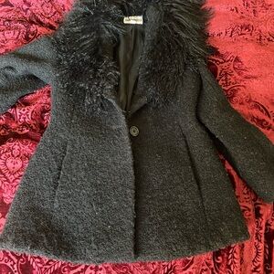 John Caruana Penny Lane Black Vintage Mongolian Lamb Trim 100% Wool Coat 6